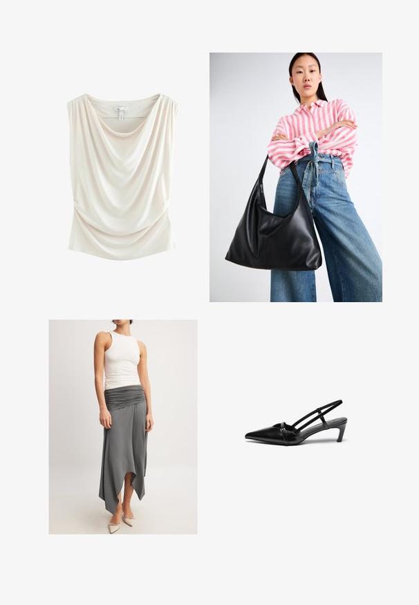 Dräpplad, ljusbeige topp av mjukt tyg med rundad krage, sidofållor och slät yta. Har en vanlig, åtsittande silhuett.; Ärmlös vit topp i kombination med en svängig, grå kjol med ruched midja och asymmetrisk fåll. Modellen bär beiga klackskor.; Svarta lackläderslingbackskor med spetsig tå, enstaka rem detalj och en låg, strukturerad klack. Slät yta med minimala accenter.; Svart läderaxelväska med en avslappnad form och sömdetaljer. Modellen bär en randig skjorta i rosa och vitt tillsammans med vida blå jeans.