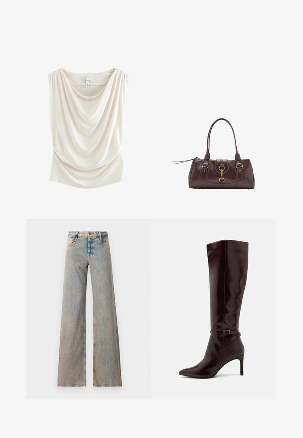 Opušteni, svijetlosmeđi top od mekog materijala s izrezom u obliku srpa, bočnim nabora i glatkom teksturom. Ima regularan, prilagođeni kroj.; Svijetloplave široke traperice s istrošenom teksturom, s pet džepova i petljama za remen, izrađene od traper tkanine.; Anna Field Čizme - bordeaux; Tamno smeđa kožna torba s dva gornja ručka, zlatnim detaljima, kopčanjem sprijeda i prošivenim teksturama sa strane.