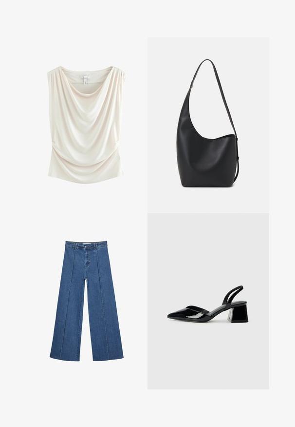 Dräpplad, ljusbeige topp av mjukt tyg med rundad krage, sidofållor och slät yta. Har en vanlig, åtsittande silhuett.; Vidbenade denimjeans i medelblått, med hög midja, knäppning och kontrasterande vertikala sömdetaljer längst fram.; Svarta lackläder slingback klackar med spetsig tå och geometrisk klack. Har en elegant, minimalistisk design och slät yta.; Svart läder hobo-väska med en slät textur, kurvig form och en justerbar axelrem; har en bred öppning upptill.