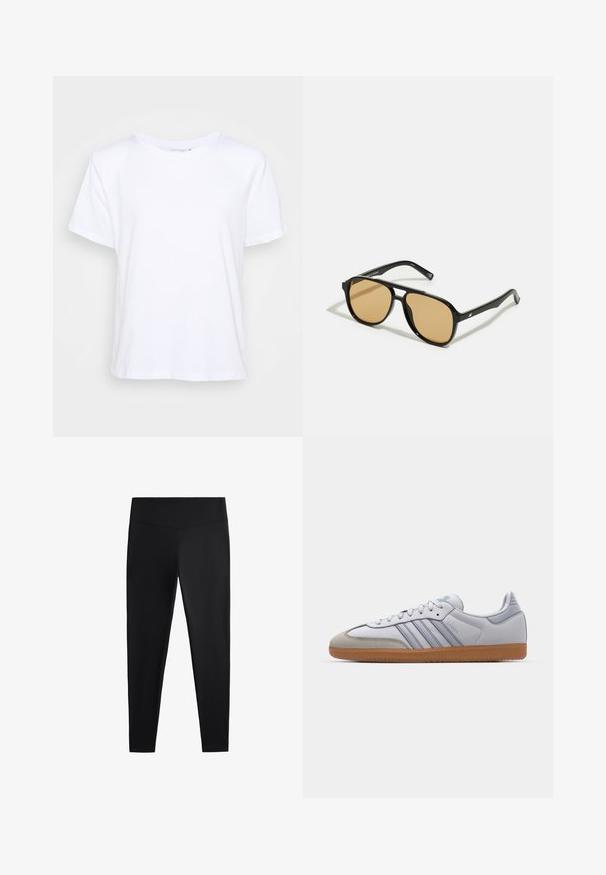 Hvid bomulds T-shirt med rund halsudskæring, korte ærmer og afslappet pasform, der har en glat tekstur og et minimalistisk design.; Sorte leggings lavet af glat, strækbart stof. Har en bred talje og en tapered ben-design, velegnet til aktiv eller afslappet brug.; Hvide lædersneakers med lyseblå accenter, grå ruskindsnæse og en brun gummisål. Har tre blå striber og "Samba" branding.; Sorte solbriller med brune tonede linser; rektangulær form med en tyk ramme, herunder diskrete hardwaredetaljer på stængerne.