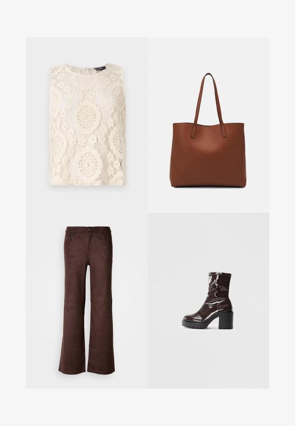 Adīti tops krēmkrāsā ar apaļu kaklu, bez piedurknēm, un sarežģītām apļveida un ziedu rakstiem visā virsmai. Atslēgas cauruma detaļa aizmugurē.; Brūnas platās bikses no mīksta, zamšveida auduma. Tās ir aprīkotas ar četrām kabatām, pogām un gludu, teksturētu virsmu.; Spīdīgas bordo potīšu botītes ar masīlu melnu papēdi, kurām ir gluda tekstūra un vienkāršs dizains. Nav redzamu aizdari vai rakstu.; Brūna ādas iepirkumu soma ar gludu tekstūru, atvērta augšdaļa un divas plecu siksnas. Izceļas ar minimālām šuvēm un redzamu aparatūru nav.