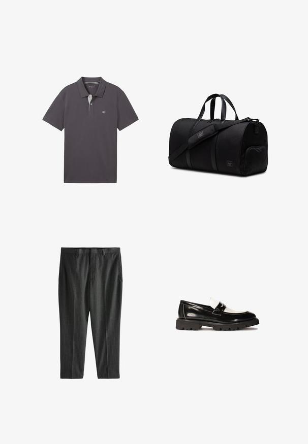 TOM TAILOR BASIC WITH CONTRAST - Polotričko - dark shadow; Next STRIPE-REGULAR FIT - Chino kalhoty - charcoal grey; Černé lakované kožené mokasíny s bílým koženým akcentem, silnou černou gumovou podrážkou a vyšitými detaily. Hladký povrch s lesklým finišem.; Černá sportovní taška vyrobená z odolné tkaniny s koženými prvky, vybavená dvojitými uchy, nastavitelným ramenním popruhem a zipovou boční kapsou.