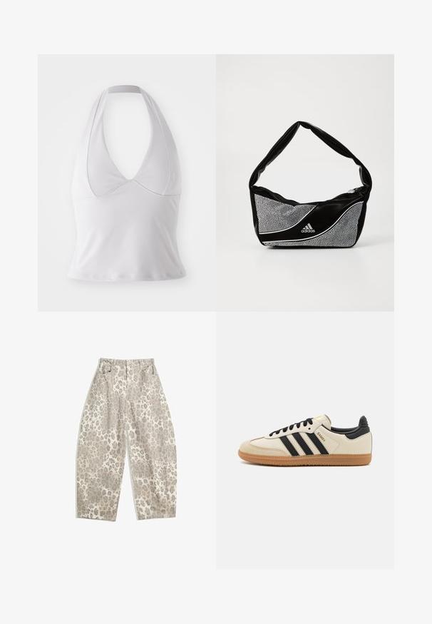 Top bianco a halter realizzato in tessuto liscio, con scollatura a V profonda e design aderente, privo di ulteriori motivi o accessori.; Pantaloni a stampa leopardata in un colore beige chiaro, con un design a vita alta, gambe larghe e due tasche frontali. Realizzati in un tessuto morbido.; Scarpa sportiva beige con strisce nere, suola in gomma naturale e dettagli neri. Presenta una tomaia in pelle liscia e un design a punta arrotondata.; Borsa adidas nera e argento con una texture liscia, caratterizzata da un motivo borchiato lucido e un design curvo distintivo.
