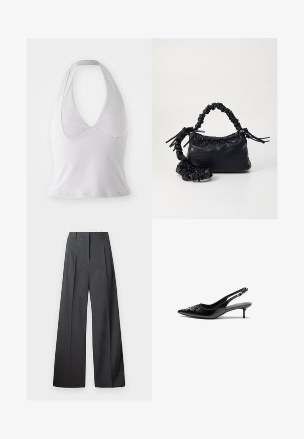 Balts halter top, kas izgatavots no gludas auduma, ar dziļu V-veida kakla izgriezumu un pieguļošu dizainu, bez papildu rakstiem vai detaļām.; Platās kājas bikses tumši pelēkā audumā, ar augstu jostasvietu, ar vienu uzpūstu vīli un gludu tekstūru ar tīru apdari ap malām.; Melni ādas sandales ar norādītu pirkstu, mazu kaķa papēdi un dekoratīvu mezglu detaļu priekšā. Gluda tekstūra visā virsmā.; Melnā mākslīgās ādas rokassoma ar krokodila rakstu, savilkta augšdaļa un saburzīta siksna. Izskatās mīksta un kompakta pēc dizaina.