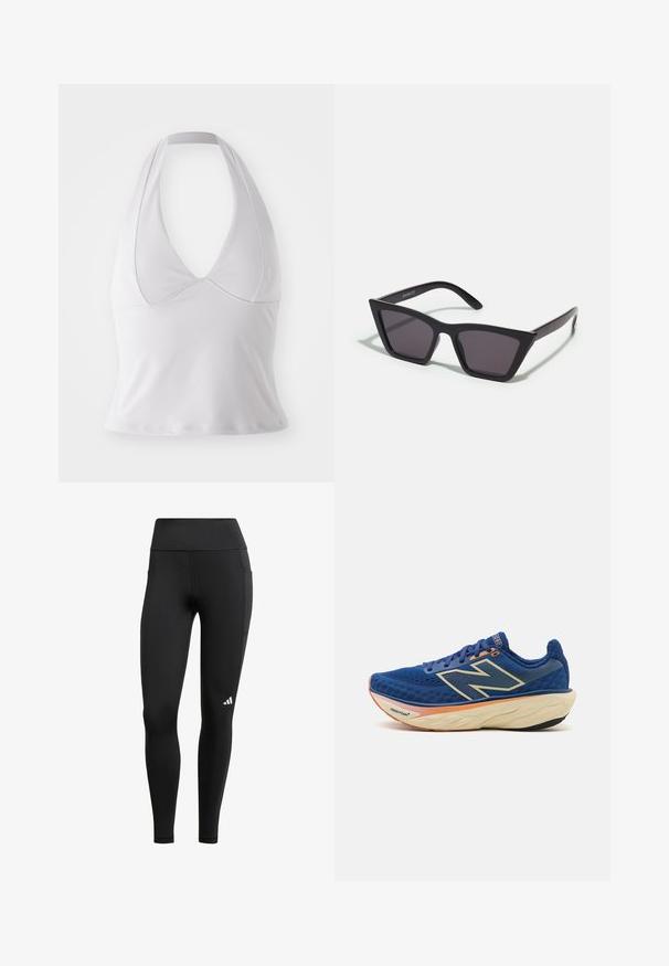 Hvit halterneck topp laget av glatt stoff, med dyp V-hals og tettsittende design, uten ekstra mønstre eller maskinvare.; Sorte treningsleggings med høy midje, laget av elastisk stoff; har en sidelomme og en liten hvit logo nær sømmen.; Blå løpesko med pustende mesh-overdel, polstret krage og en dempet såle med oransje detaljer. "Fresh Foam"-merking synlig.; Svarte, kantete solbriller med grå linser; laget av plast, med tykke stenger som har en glatt overflate og ingen synlige festemidler.