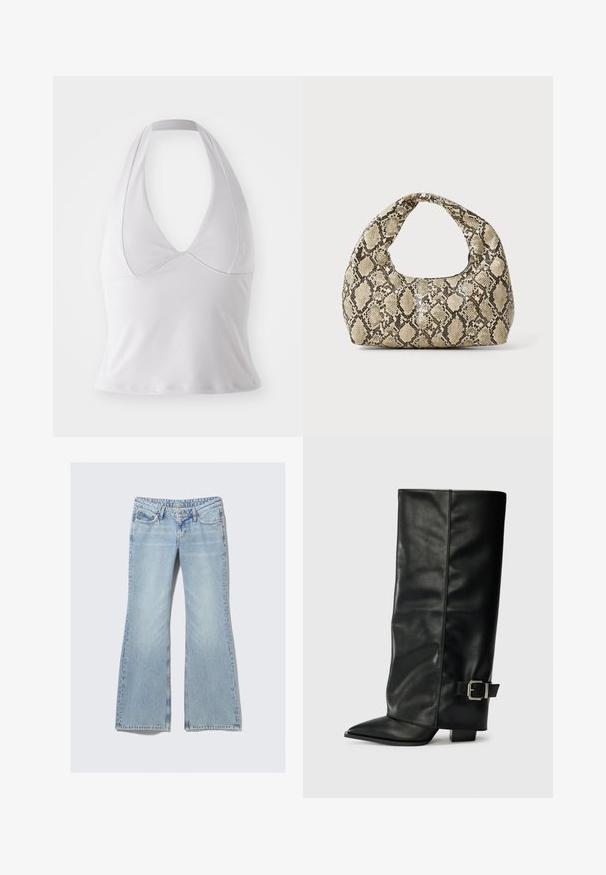 Baltas halterio tipo viršus, pagamintas iš lygaus audinio, su giliu V formos iškirpimu ir prigludusia forma, be papildomų raštų ar aparatūros.; Weekday NOVA - Prigludę džinsai - lip blue; Juodų odinių kulkšninių batų su smailiu pirštu, lygia tekstūra ir sidabriniu sagties akcentu šone. Masyvūs kvadratiniai kulniukai.; Gyvatės rašto rankinė su kreiviu rankenėle. Pagaminta iš tekstūruotų smėlio ir rudos spalvos medžiagų, su išskirtiniu rombo raštu.