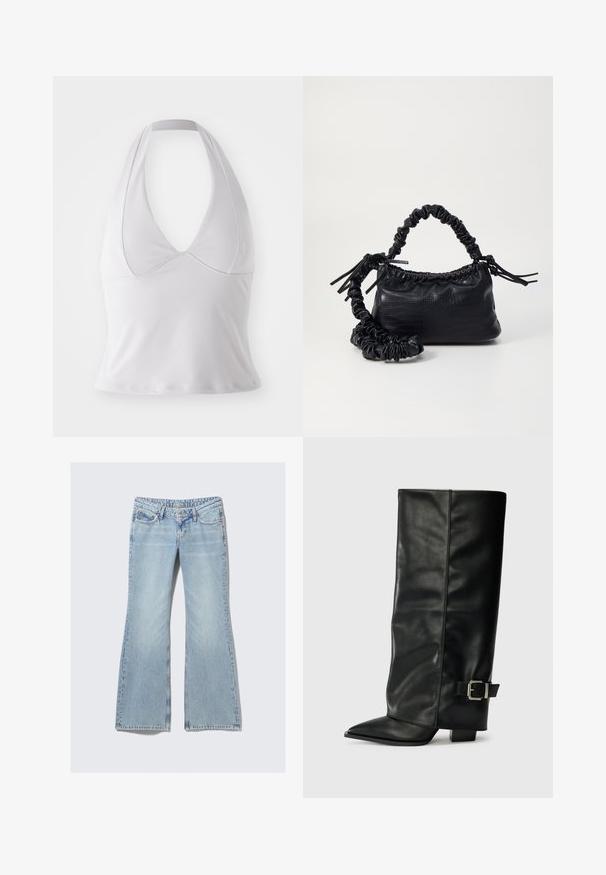 Fehér pánt nélküli top, sima anyagból készült, mély V-nyakkivágással és testhezálló fazonnal, díszítések vagy fémisztik nélkül.; Weekday NOVA - Karcsúsított farmerek - lip blue; Fekete bőr bokáig érő csizmák hegyes orral, sima felülettel és ezüst csattal az oldalon. Tömbös négyzet alakú sarok.; Fekete műbőr kézi táska krokodil bőr textúrával, összehúzható tetejű és gyűrt pánttal. Lágy és kompakt dizájnúnak tűnik.