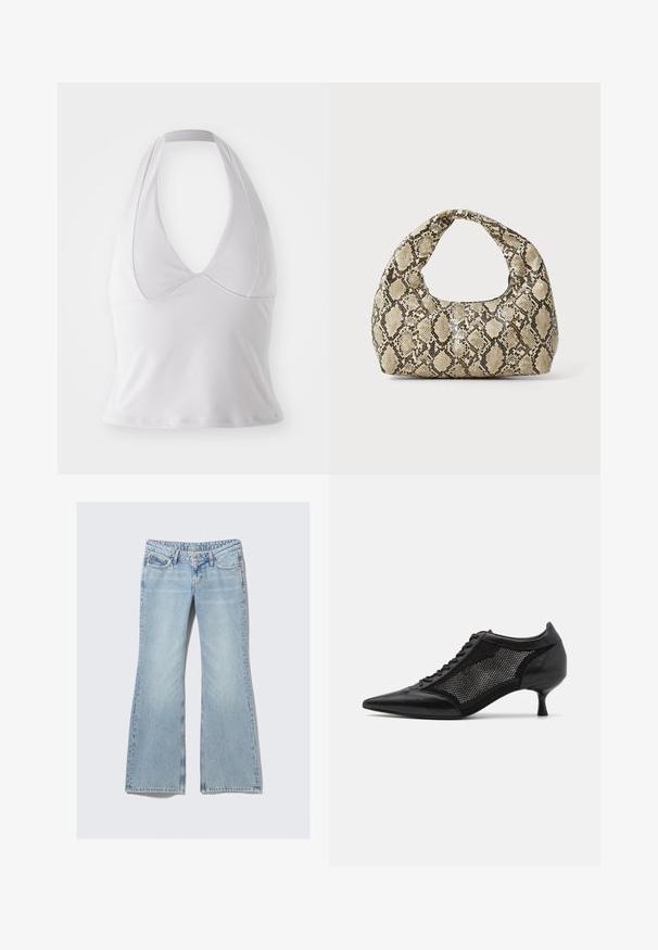 Biely top bez ramienok vyrobený z hladkej látky, s hlbokým výstrihom do V a priliehavým strihom, bez ďalších vzorov alebo doplnkov.; Weekday NOVA - Slimfit džínsy - lip blue; Čierna topánka s ostrou špičkou a sieťovaným panelom, s nízkym opätkom a šnurovaním vpredu. Vyrobená z kombinácie kože a sieťoviny.; Kabelka s hadím vzorom a zakriveným rukoväťou. Vyrobená z textúrovaných béžových a hnedých materiálov, s charakteristickým diamantovým vzorom.