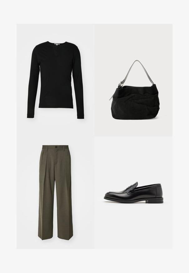 Tiger of Sweden JASPAH - Top s dlouhým rukávem - black; Filippa K WIDE TROUSERS - Kalhoty - driftwood; Černé kožené polobotky s hladkou texturou, zaoblenou špičkou a zdobným páskem přes nárt. Nízký stohovaný podpatek, minimalistický design.; Černá semišová taška s měkkým, uvolněným designem. Má tenký, hladký kožený ramenní popruh a jemné detaily prošívání.