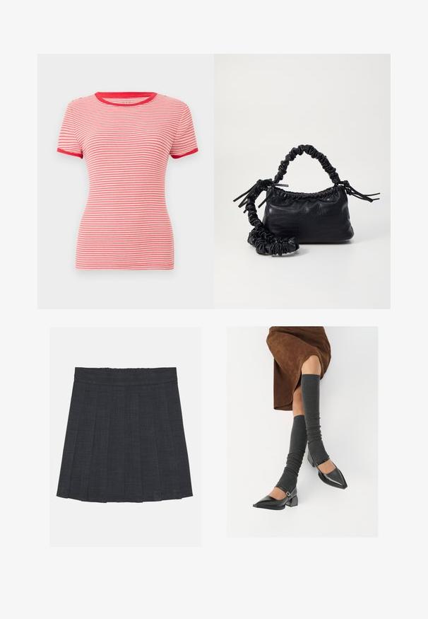 Raudona ir balta dryžuota marškinėliai su trumpomis rankovėmis, apvaliu tekstūruotu kaklu ir kontrastingais raudonais apvadu ant rankovių ir apykaklės. Tekstūruota medžiaga.; Tamsiai pilka klostuota sijonas su elastinga juosta, pasižymintis tekstūruotu audiniu ir klasikinė A formos siluetu. Tinka kasdieniam dėvėjimui.; Juodi lakuoti odiniai batai su aštriu kuma ir bloko kulnu, derinami su pilkais riebiais kojų šildytuvais ir rudais zomšiniais sijonais.; Juodas dirbtinės odos rankinė su krokodilo tekstūra, sušnibždinta viršuje ir susikraipytu dirželiu. Atrodo minkšta ir kompaktiška.