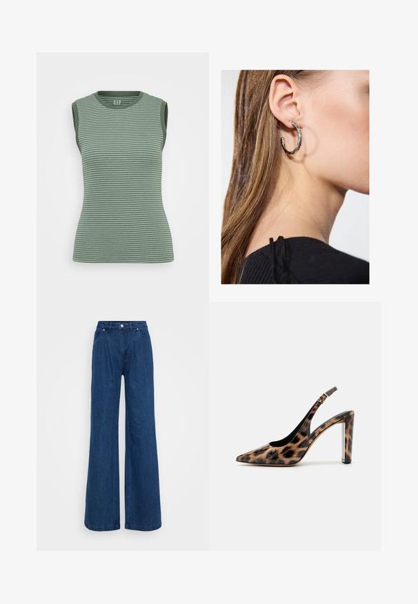 Nádržkový top bez rukávů v zeleném odstínu s tmavě zelenými akcenty na okrajích. Má kulatý výstřih a přiléhavý střih.; Široké modré džínové kalhoty s vysokým pasem, zapínáním na knoflík a zip, a předními a zadními kapsami na jednobarevném pozadí.; Sandalové lodičky s leopardím potiskem, špičatou špičkou a průhledným blokovým podpatkem. Vyrobené z lesklého materiálu s hladkým povrchem.; Stříbrný kruhový náušník s lesklým povrchem, zdobený malými zlatými akcenty, v kulatém tvaru, nošený na lalůčku.