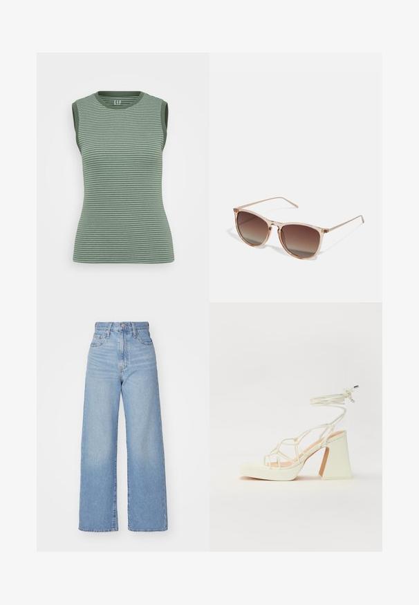 Sleeveless green ribbed tank top with dark green accents on the edges. Features a round neck and a fitted silhouette.; Light blue high-waist wide-leg jeans with front button and zip closure, front and back pockets, on a white background.; White high-heeled sandal with a chunky heel, featuring a strappy design and ankle tie. Smooth texture with a platform front for added height.; Brown gradient sunglasses with a translucent pink frame, square shape, and thin metal arms. Features rounded edges and minimal detailing.