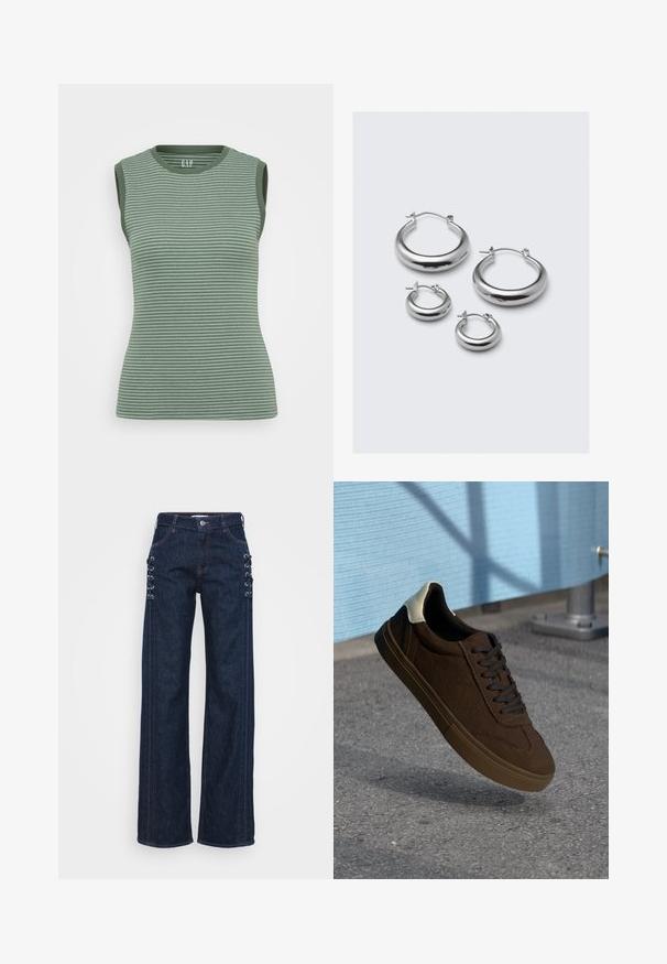 Vihreä ilman hiuksia ribbipusero, jossa tummanvihreät koristeet reunoilla. Ominaisuuksiin kuuluu pyöreä kaula-aukko ja istuva siluetti.; Tummansinisiä farkkuleggingsejä, joissa on naruaksentteja sivuilla, kontrastiväriset oranssit ompeleet ja klassinen viisi-taskuinen muotoilu.; Ruske nubuck matalavartiset lenkkarit mustilla nauhoilla, joissa on valkoinen kantapää ja tekstuurilliset ommel yksityiskohdat. Kumipohja.; Neljä paria hopeisia renkaankorvakoruja eri kokoisissa varianteissa: suuria sileitä ympyröitä ja pienempiä pyöristettyjä tyylejä, joilla on kiiltävä pinta ja yksinkertaiset sulkimet.