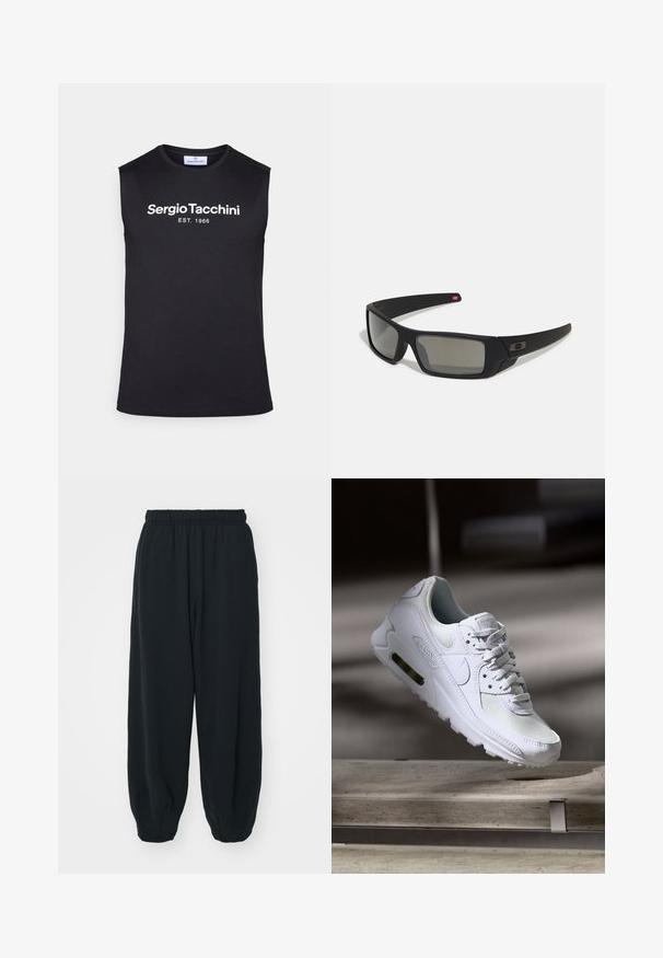 Čierne tielko bez rukávov vyrobené z bavlny, s bielym potlačeným logom "Sergio Tacchini EST. 1966" na hrudi v tučnom písmene.; Čierne tepláky s elastickým pásom, vo voľnom strihu, s manžetami na členkoch, hladkej textúry a bez viditeľných vzorov alebo kovových doplnkov.; Biele tenisky Nike Air Max 90 s vrchnou časťou z kože a sieťoviny, perforovanou špičkou a viditeľnou vzduchovou jednotkou v päte.; Čierne slnečné okuliare s matným povrchom, obdĺžnikové šošovky, mierna krivka na straničkách, nenápadný detail loga a šošovky so zafírovaným tónovaním.