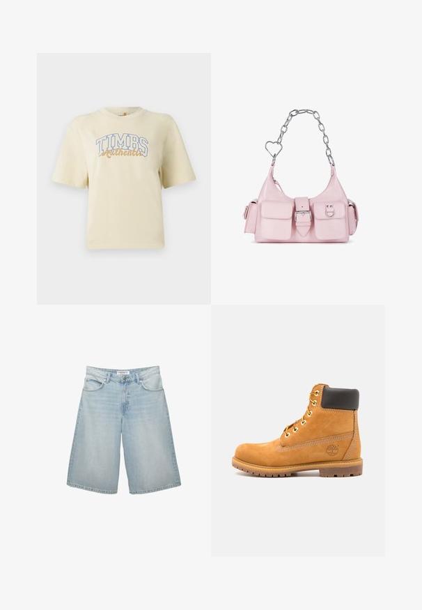 Cremefarvet kortærmet t-shirt med "TIMBS Authentic" i blå og gyldne bogstaver. Fremstillet af blød bomuld med en afslappet pasform.; Lyseblå denimshorts med bred bendesign, med fem lommer, bæltesløjfer og lynlås. Glat tekstur med let falming.; Brune læder ankelstøvle med sort polstring, gyldne øsken og en tekstureret sål. Har et cirkulært logo på siden og synlige syninger.; Pink faux læder håndtaske med sølv kædehåndtag, hjerteformede detaljer, frontspænde og to små lommer foran.