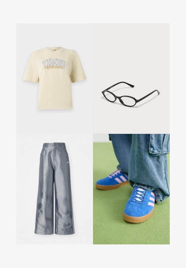 Krém színű, rövid ujjú póló, kék és arany színű "TIMBS Authentic" felirattal. Puha pamutból készült, laza szabású.; Fényes szürke anyagú, bőszárú nadrág, fehér oldalsávokkal és lángmintával az alsó lábakon. Gombos és cipzáras záródás a deréknál.; Kék velúr cipők rózsaszín csíkokkal és fehér fűzővel, gumiból készült talppal, laza farmernadrággal egy zöld felületen.; Fekete ovális keretű szemüveg, átlátszó lila díszítéssel a lencséken. A keretek matt felületűek, és karcsú, egyenes szárakkal rendelkeznek.