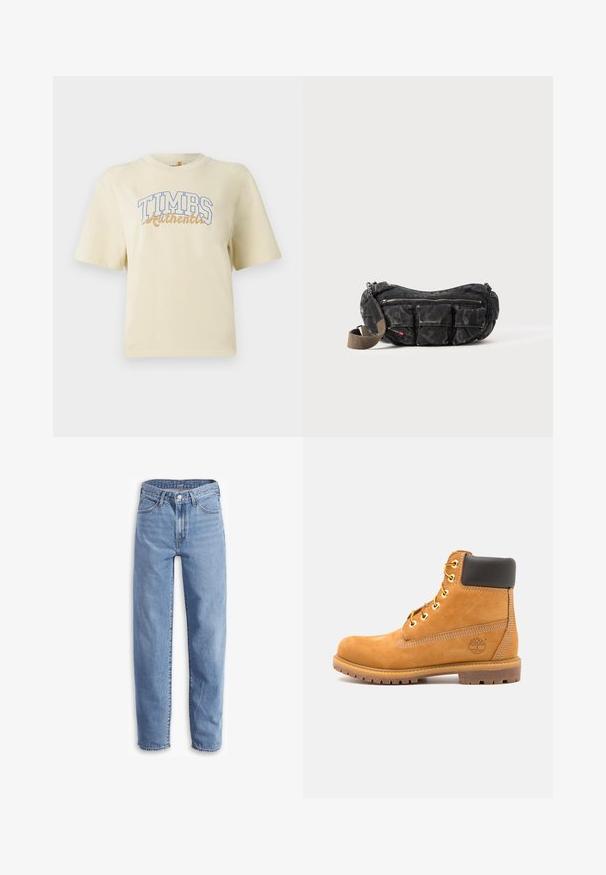 Kremkrāsas īsām piedurknēm t-krekls ar uzrakstu "TIMBS Authentic" zilā un zelta krāsā. Izgatavots no mīkstas kokvilnas ar brīvu piegriezumu.; Gaiši zili džinsi, izgatavoti no denim, ar brīvu piegriezumu, taisnu kāju, piecu kabatu dizainu un strīpainām apakšmalām, lai radītu ikdienišķu izskatu.; Brūna ādas potīšu zābaki ar melnu polsterējumu, zeltainām acīm un teksturētu zoli. Uz sāniem ir apļveida logotips un šuvju akcenti.; Melnas auduma soma ar vairākiem kabatām, teksturētu virsmu, izliekta forma un noņemama siksna. Ar rāvējslēdzēja aizdvēršanas sistēmu un kontrastējošas krāsas siksnu.
