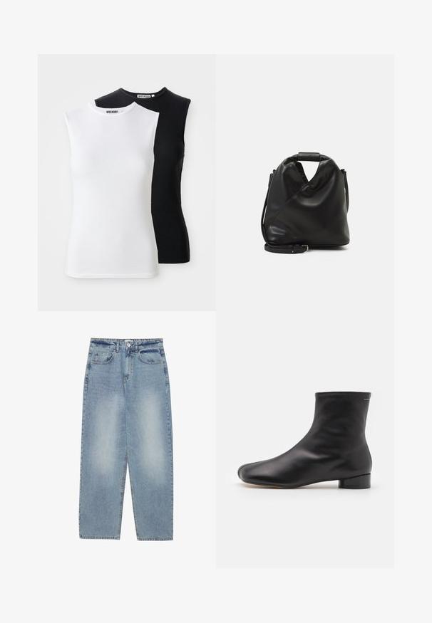 Dvě bezramínkové ribbed topy v bílé a černé barvě. Vyznačují se vysokým výstřihem a přiléhavým střihem. Materiál je měkký a elastický. Viditelná značka.; Světle modré džíny z denimu s volným střihem, rovnými nohavicemi, pěti kapsami a knoflíkovým zapínáním v pase. Hladká textura.; MM6 Maison Margiela BOOT - Kotníkové boty - black; Černá, měkká kožená taška s unikátním zkrouceným designem. Obsahuje krátkou rukojeť a odnímatelný ramenní popruh. Minimalistický styl.
