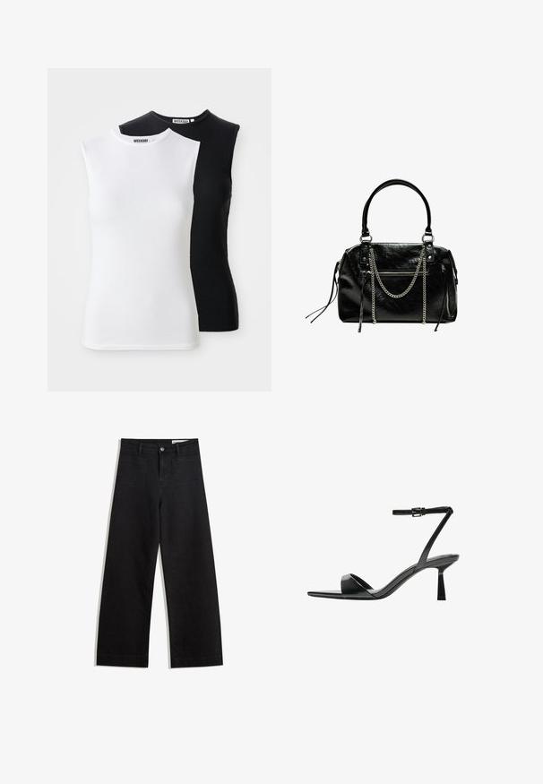 Two sleeveless ribbed tops in white and black. Features a high neckline and a fitted design. Fabric is soft and stretchy. Brand label visible.; Black wide-leg denim pants with a high waist, featuring front and back pockets, stitched seams, and a button closure. Smooth texture.; Bershka High heeled sandals - black; Bershka WITH CHAIN - Handbag - black