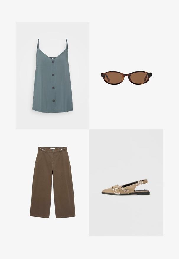 Camisola verde salvia con scollatura a V, spalline sottili e bottoni neri sul davanti. Realizzata in un tessuto morbido e leggero.; Giacca camicia a quadri marrone con due tasche sul petto con bottone e un piccolo logo stampato sulla tasca destra.; Pantaloni larghi marroni realizzati in un tessuto resistente. Presentano due tasche frontali, chiusura con bottone e una vestibilità comoda con una texture liscia.; Scarpe slingback patent beige con punta affusolata, due cinturini regolabili e tacco nero basso. Texture liscia con una finitura lucida.; Occhiali da sole con lenti tonde di colore marrone, caratterizzati da una montatura ovale e un motivo tartaruga, con aste ampie. Texture liscia e dettagli di branding discreti sul lato.; Borsa a tracolla in suede verde scuro con zip nella parte superiore, forma piatta, tracolla regolabile con perforazioni e texture liscia opaca.