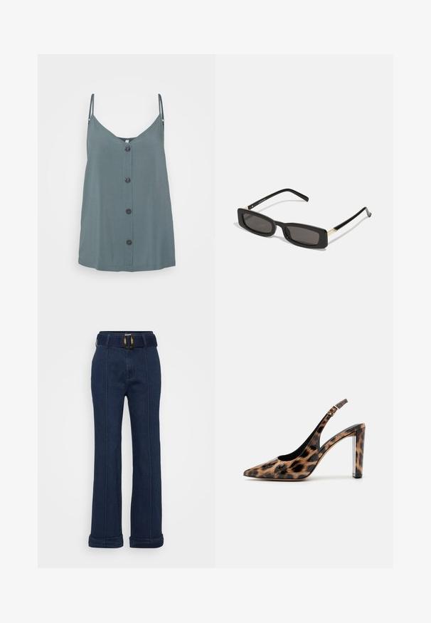 Salgroene cami met een V-hals, dunne schouderbandjes en zwarte knopen aan de voorkant. Gemaakt van een soepele, lichte stof.; Donkerblauwe denim broek met een wijde pijpdesign, voorzien van een riem met een grote metalen gesp en zichtbare stiksels.; Leopardprint slingback pump met een spitse neus en een transparante blokhak. Gemaakt van glanzend materiaal met een gladde textuur.; Zwarte rechthoekige zonnebril met donkere lenzen, glanzende plastic monturen en gouden accenten op de slapen. Minimalistisch ontwerp en elegante vorm.