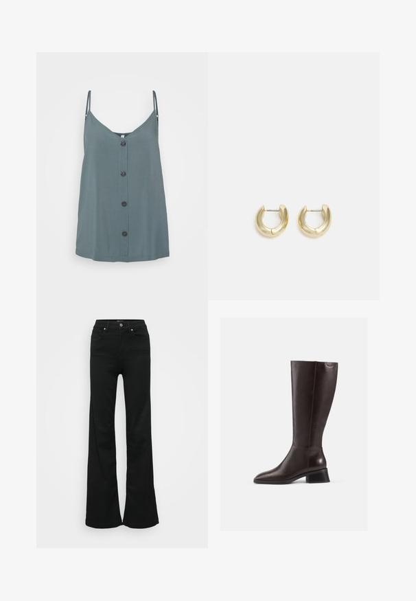 Sage green camisole with a V-neck, thin shoulder straps, and black buttons down the front. Made from a smooth, lightweight fabric.; Black flared jeans made from denim, featuring a high waist, five pockets, and metal button closure. Smooth texture with minimal detailing.; Knee-high brown leather boots with a smooth finish, rounded toe, and a stacked black heel. Simple design with minimal hardware details.; Gold-tone hoop earrings with a smooth, polished finish. Features a half-circle shape and a secure post closure.