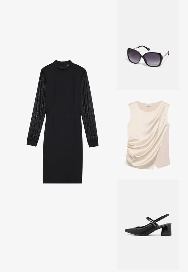 Top sans manches en satin crème au design drapé, présentant une texture lisse et un panneau contrastant d'une teinte plus claire sur le côté.; Robe noire avec un corsage ajusté et de longues manches transparentes texturées. Elle présente un décolleté haut et une silhouette simple et épurée.; Escarpins slingback en cuir verni noir avec un embout pointu, un design à découpes arrondies et un talon carré. Présente un accent de boucle en ton doré.; Lunettes de soleil noires surdimensionnées avec des verres dégradés, monture épaisse et détails en chaîne dorée sur les branches.; Sac fourre-tout noir en matériau synthétique, avec un design rectangulaire simple, des accents carrés dorés et des doubles poignées.