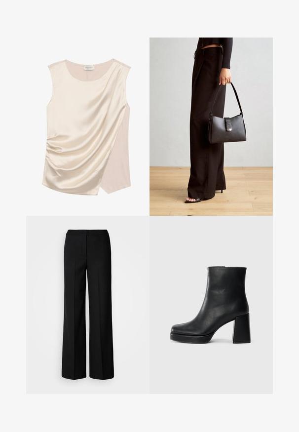 Sømløs top i creme satin med draperet design, der har en glat tekstur og et kontrasterende panel i en lysere nuance på siden.; Sorte brede bukser i glat stof, med høj talje, skræddersyede sømme og et minimalistisk design. Ingen synlig hardware eller lommer.; Sort læder ankelstøvle med blokhæl og platformssål, set fra siden på en ensfarvet hvid baggrund.; Sort håndtaske med struktureret form, glat overflade og metalspænde. Sammen med brede sorte bukser og sandaler med åben tå på trægulv.