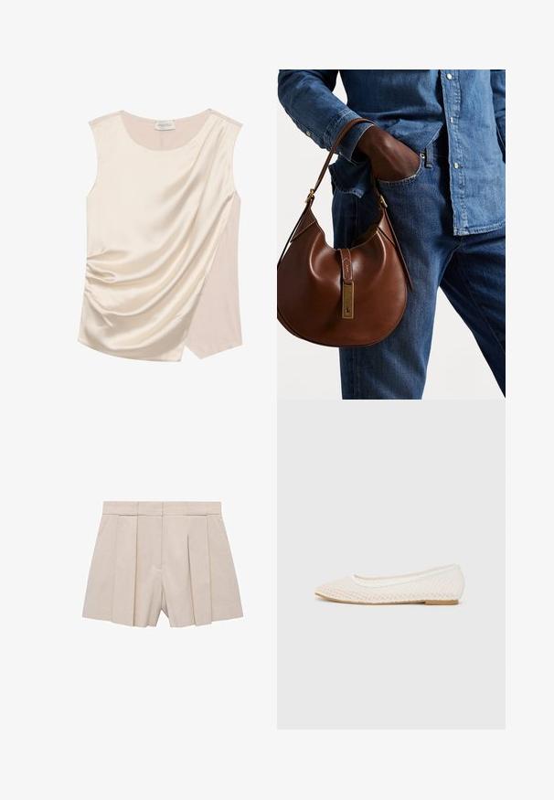 Bez rukava gornji dio u krem svilenu tkaninu s drapiranim dizajnom, sa glatkom teksturom i kontrastnim panelom svjetlije nijanse sa strane.; Bežani kratki hlače s naglašenim dizajnom, visokog struka i glatke teksture. Četiri prednja nabora stvaraju volumen. Bez džepova.; Bijela ravna cipela s mrežastim dizajnom, šiljatog vrha i niskom ravnom potplatu. Teksturalni gornji dio s glatkom podlogom i suptilnom kontrastnom oblogom.; Smeđa kožna hobo torba zaobljenog oblika, sa zlatnim metalnim detaljima i kontrastnim šavovima. Uparena s traper košuljom i trapericama.