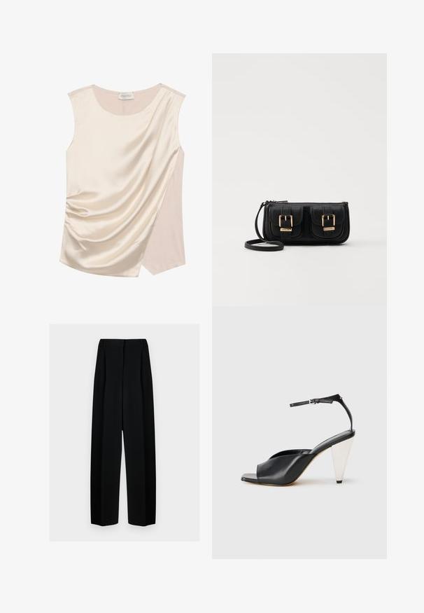 Bežinis satino marškinėliai be rankovių su drapiruotu dizainu, pasižymintys lygia tekstūra ir kontrastinga šonine plokšte šviesesnės spalvos.; Juodos plačios kelnės su aukštu liemeniu, su klostėmis ir glotnia tekstūra. Medžiaga atrodo lengva ir dailiai krenta.; Juodos odinės aukštakulnės šlepetės su atvira nosimi, asimetrišku dizainu, kulkšnies dirželiu ir metaliniu kūgio formos kulnu. Visas paviršius lygus.; Juodas odinis per petį nešiojamas krepšys su dviem priekiniais kišenėmis, auksiniais sagtimis, užtrauktuko uždarymu ir siauromis petnešomis. Textūruota paviršius ir kompaktiškas stačiakampis formatas.