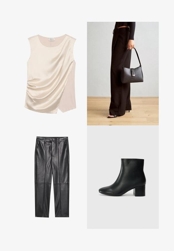 Mouwloos topje in crèmekleurige satijn met een gedrapeerd ontwerp, voorzien van een gladde textuur en een contrasterend paneel in een lichtere tint aan de zijkant.; Zwarte leren broeken met een gladde textuur, voorzien van een rechte pasvorm, twee voorzakken en zichtbare naaddetail.; Zwarte leren enkellaarzen met een spitse neus en een chunky hak. Gladde textuur met minimale accenten en een slank, strakk ontwerp.; Zwarte handtas met gestructureerde vorm, gladde textuur en een metalen sluiting. Gecombineerd met brede zwarte broeken en sandalen met open teen op een houten vloer.