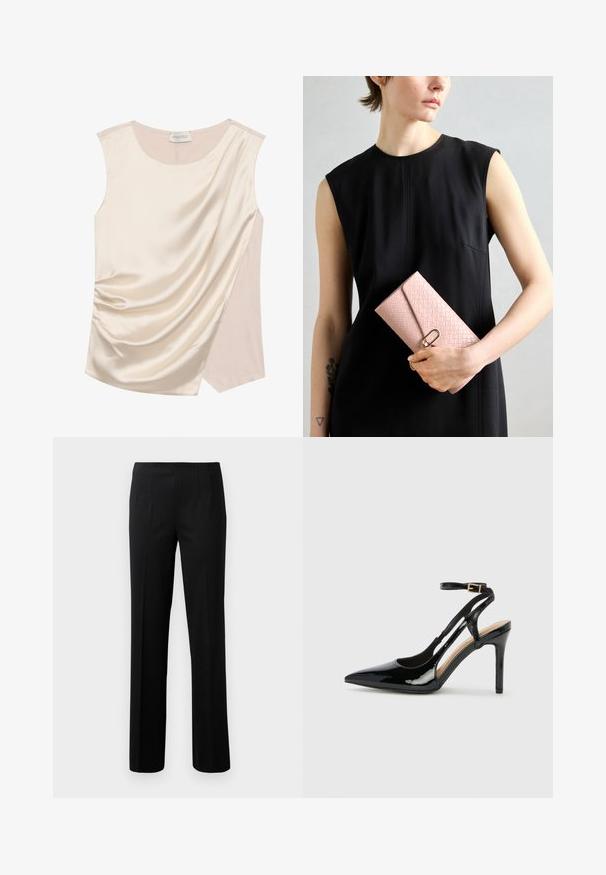 Hihaton vaalean kermanvärinen satiinitoppi, jossa on laskostettu muotoilu. Tässä on sileä pinta ja vaaleampi sävy paneeli sivussa kontrastina.; Muoti mustat housut, joissa on pystysuorat raidat, tasainen etuosa, kaksi sivutaskua ja suora lahjemuoto. Valmistettu sileästä kankaasta.; Mustat lakatut korkokengät, joissa on avonaiset sivut, säätömahdollisuus nilkkahihnassa ja teräväkärkinen muoto. Suora pinta.; Vaaleanpunainen kudottu lompakko, jossa on tekstuuripinta ja kultainen suljin. Höllää henkilö, joka pukeutuu mustaan hihattomaan mekkoon. Yksinkertainen muotoilu.