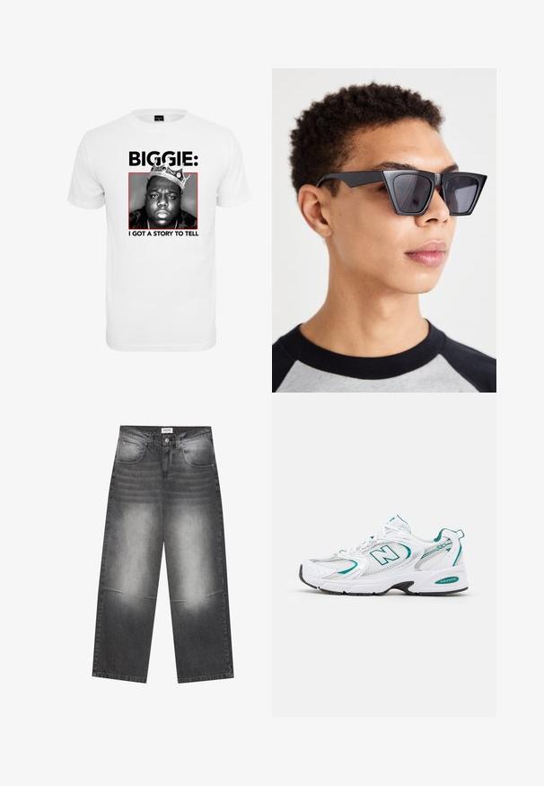 Balta medvilninė marškinėlių palaidinė su juodai baltu piešiniu, kuriame pavaizduotas vyras su karūna, o apačioje ryškiais juodais rašmenimis parašyta "BIGGIE:" ir "I GOT A STORY TO TELL".; Plati juodi džinsai su blukusia pilka apdaila, su priekinėmis kišenėmis, mygtuko užsegimu ir lengvu pabraižymu ant kelių.; Balti sportiniai batai su tinklelio ir sintetinių medžiagų detalėmis, turkio akcentais, apvaliu pirštu, raišteliais priekyje ir juodu guminiu padu.; Juodos kampinės saulės akinių su tamsiais objektyvais, pasižyminčių drąsiu geometriniu dizainu ir matinio paviršiaus apdaila. Juos nešioja žmogus su trumpais plaukais.