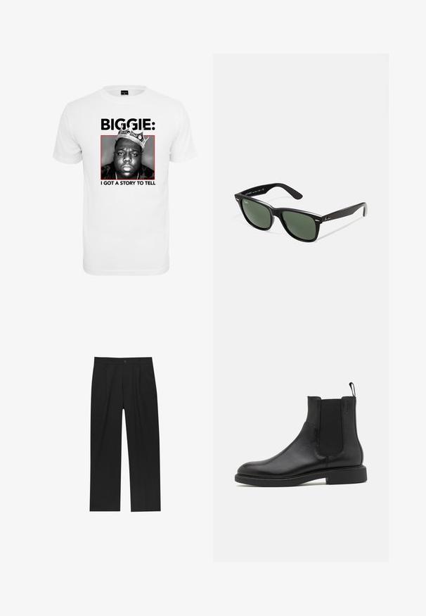 Bílý bavlněný triko s černobílou grafikou muže v koruně, se nápisem "BIGGIE:" a "I GOT A STORY TO TELL" tučně napsaným černým písmem pod ním.; Černé kalhoty s rovnými nohavicemi, vyrobené z hladké tkaniny. Mají přední záhyby a jedno knoflíkové zapínání v pase.; Černá kožená kotníková bota s hladkým povrchem, elastickými bočními panely a poutkem. Kulatá špička a plochá gumová podrážka s minimálním vzorkem.; Černé plastové sluneční brýle se zelenými skly, čtvercové obroučky, stříbrný detail na obočí a texturované stranice. Značka uvedená na vnitřní straně stranic.