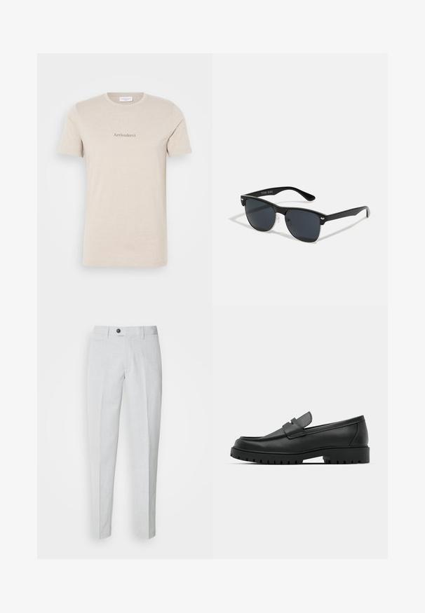 Μπεζ κοντομάνικο μπλουζάκι φτιαγμένο από μαλακό βαμβάκι, με διακριτή εκτύπωση "Arrivederci" σε γκρι μπροστά, κλασικός λαιμός τύπου crew.; Ανοιχτό γκρι παντελόνι από υφασμάτινη δομή, με κλείσιμο κουμπιού, επίπεδο μπροστινό μέρος και περιορισμένα πόδια για κομψή εφαρμογή.; Μαύρα δερμάτινα λουστρίνια με στρογγυλή μύτη, που διαθέτουν ραμμένο σχέδιο, χαμηλή πλατφόρμα και υφή με λαστιχένια σόλα με προεξοχές.; Μαύρα γυαλιά ηλίου σε ορθογώνιο σχήμα, σκούροι φακοί, ασημί λεπτομέρειες στους κροτάφους και ματ φινίρισμα στον σκελετό.