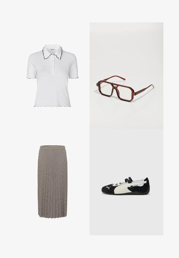 Modström MAGDALONEMD POLO - Polokošeľa - soft white; Pletená midi sukňa v čierno-bielej kárované vzore. Obsahuje pás a textúrovanú látku s priamym strihom.; Čierna a krémová ultraľahká topánka so zvrškom z semišu, plochou podrážkou, elastickými popruhmi a malým logom na špičke.; Hnedé priesvitné nadmerné okuliare s obdĺžnikovými šošovkami a štíhlymi ramenami. Uhlové, mierne zaoblené rohy a viditeľné kovové akcenty.