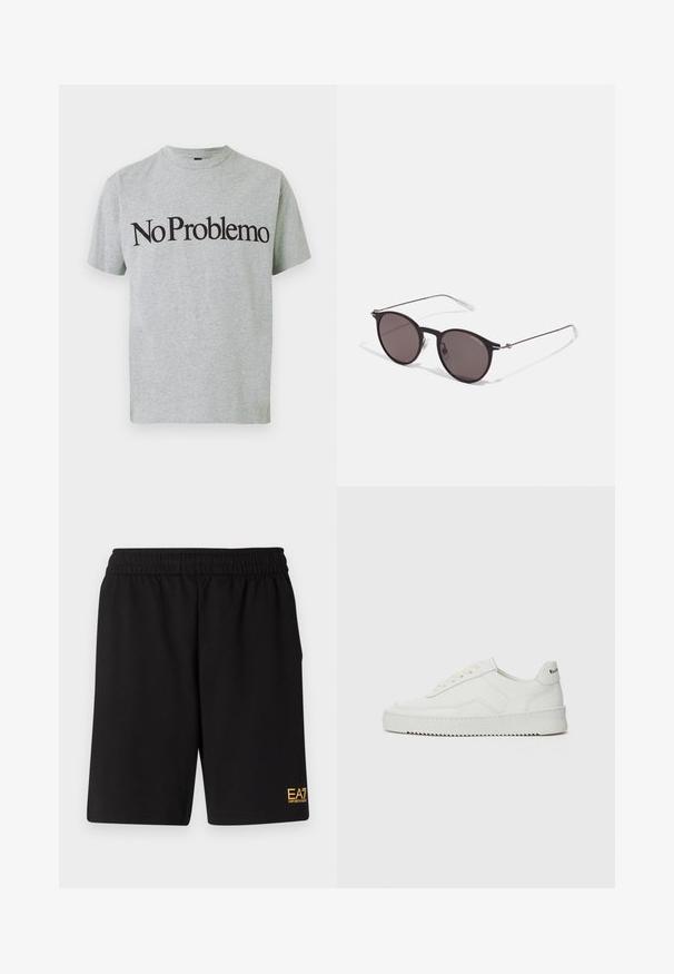 Siva pamučna majica s kratkim rukavima i okruglim izrezom, na kojoj je istaknuti crni natpis "No Problemo" preko prednje strane.; Crne atletske kratke hlače od mekanog materijala, s elastičnim pojasom i malim žutim EA7 logotipom na donjoj lijevoj nozi.; Bijele kožne tenisice s glatkom površinom, okruglim vrhom, ravnim vezicama i teksturiranom potplatom. Imaju suptilan logo na peti.; Crne okrugle sunčane naočale s tamnim staklima i tankim metalnim ručkama. Uključuju prozirne vrhove ručki i srebrne naglaske na šarkama. Minimalistički dizajn.