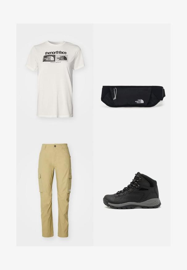 T-shirt de algodão branca com mangas curtas, apresentando uma impressão gráfica preta com texto e padrões de ondas na frente.; Calças cargo em caqui claro, com corte reto, múltiplos bolsos laterais e uma cintura simples com fecho de botão. A textura é suave.; Bota de caminhada preta com design de cano médio, apresentando um upper texturizado, detalhes cinzentos e sola de borracha durável com cravos de tração.; The North Face SUNRISER RUN BELT UNISEX - Bolsa de cintura - black/white