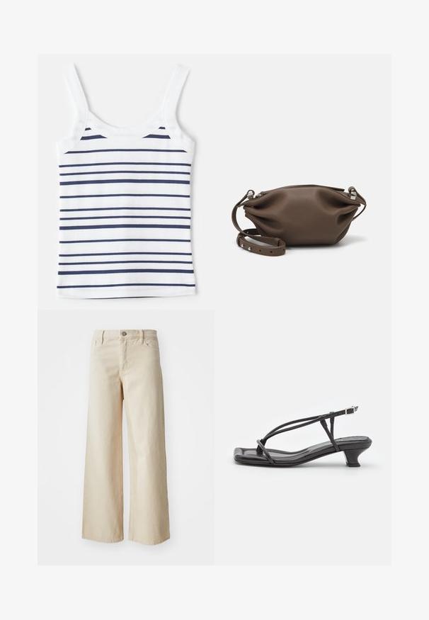 Pruhovaný tílko s bílými a námořnickými horizontálními proužky, vyrobené z žebrované tkaniny. zahrnuje široké ramínka a zaoblený výstřih.; Béžové džíny širokého střihu vyrobené z denimu, vybavené vysokým pasem, zapínáním na knoflík, poutky na opasek a bočními kapsami. Hladká textura a uvolněný střih.; Černé kožené sandály s tenkými pásky, nízkým blokovým podpatkem a čtveratou špičkou. Obsahují přezku a mají hladkou texturu.; Hnědá kožená kabelka s měkkým, strukturovaným designem, se zapínáním na horním zipu a nastavitelným popruhem se stříbrnými kovovými doplňky.; Stříbrné perlové naušnice v zakřiveném tvaru fazole. Hladký, lesklý povrch a zajištěné pomocí kolíčku a zajišťovacího uzávěru.
