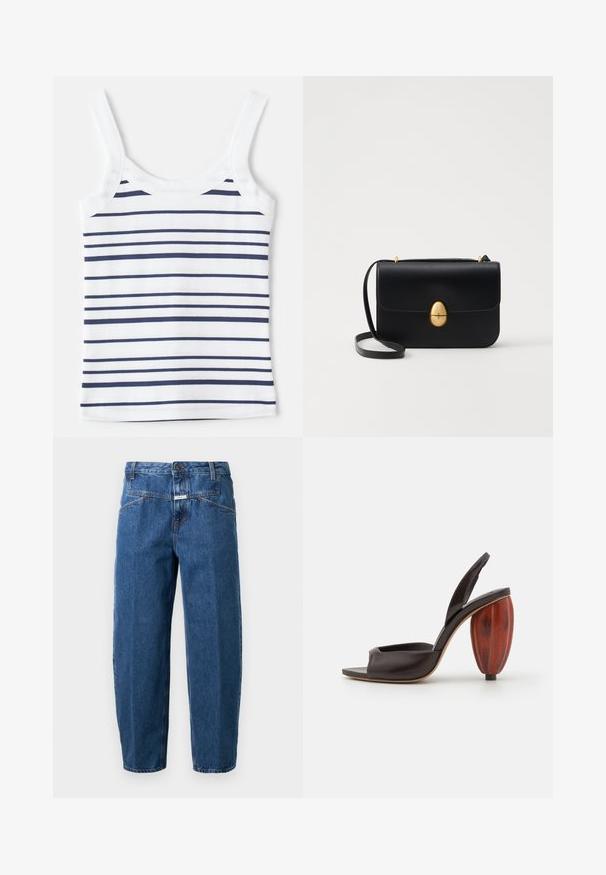 Striped tank top featuring white and navy horizontal stripes, made from a ribbed fabric. Includes wide straps and a rounded neckline.; Denim jeans in dark blue, featuring a relaxed fit, five-pocket design, stitched seams, and a button closure at the waistband.; Black leather slingback sandal with a peep-toe design and a distinctive round wooden heel, featuring a smooth texture and rich coloration.; Black leather handbag with a structured rectangular shape. Features a golden oval clasp and a thin shoulder strap. Smooth texture.