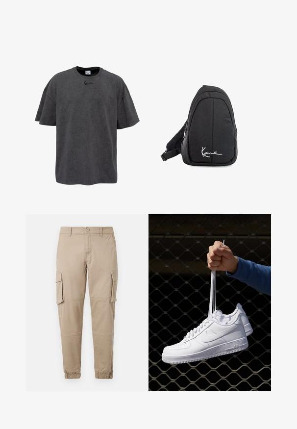 Grå oversized t-shirt lavet af bomuldsblanding, med rund hals og korte ærmer. Den har et subtilt broderet logo på brystet.; Beige cargo bukser i et letvægts bomuldsstof. Har elastiske manchetter, flere sidelommer og en knaplukning.; Hvide lædersneakers med perforeringer, rund tå, flad sål og tykke snørebånd, med et synligt swoosh-logo og "AIR" på hælen.; Sort stof sling rygsæk med en glat overflade, som har en buet design, lynlåslomme og et hvidt logo på forsiden.