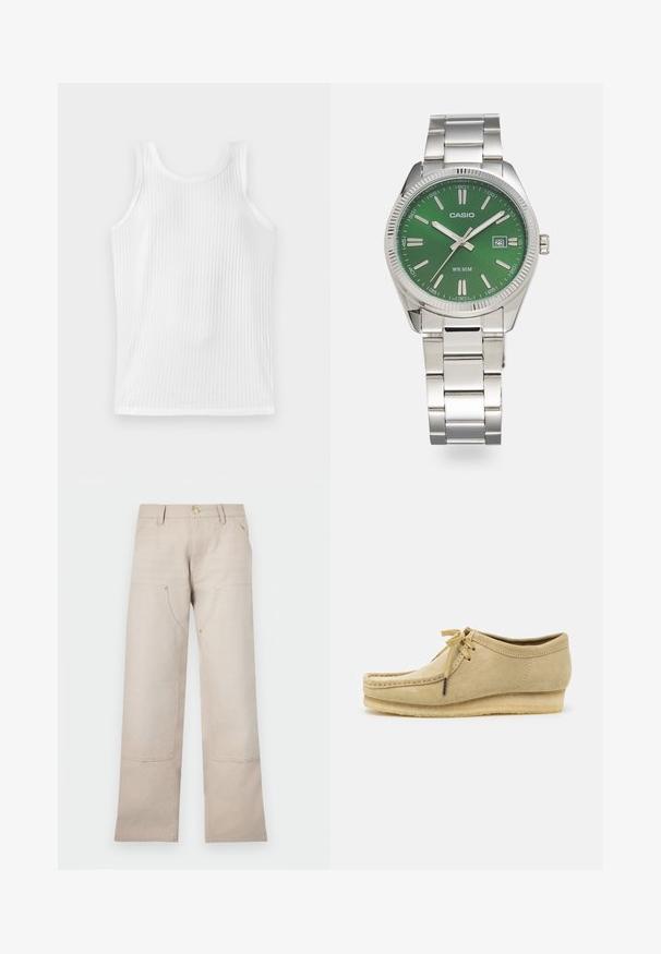 Baltos raišteliu raštuotas be rankovių marškinėliai su apvaliu kaklu ir prigludusia forma. Medžiaga rodo švelnų vertikalų raštą.; Bežiniai medvilniniai džinsai tiesaus kirpimo, su dviem priekinėmis kišenėmis ir dviem užtrauktukų akcentais. Pabrėžti auksinės spalvos detalės.; Bežiniai zomšiniai batai su raištelių užsegimu, siuvinėjimo detalėmis ir guminiais padais. Forma yra kasdieniška su nedideliu pakulniu.; Sidabro nerūdijančio plieno laikrodis su apvaliu žaliu ciferblatu, sidabro spalvos valandų žymekliais, datos rodmeniu ir metaline grandinėle. Atsparus vandeniui iki 50 metrų.