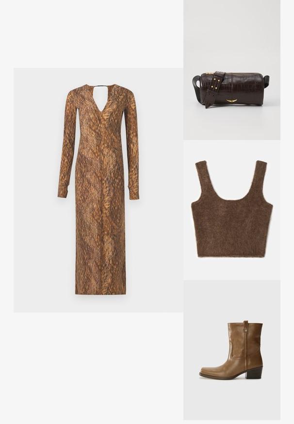 Ruskea, pörröinen lyhyt tanktoppi, jossa on leveät olkahihnat ja pyöreä pääntie. Pehmeä texture ja yksinkertainen muotoilu ilman kuvioita tai koristeita.; Pitkähihaisen mekon, jossa on V-mallinen pääntie ja avonainen selkä, päällä on karvamaista ruskeaa tekstuuria ja kuviota kauttaaltaan kankaassa.; Ruske nahkasaappaat nilkkamittaisella leikkauksella, neliönmuotoisella kärjellä, teksturoidulla pinnalla ja alhaisella pinottavalla korolla. Varustettu takana olevan vetotarran ja huomaamattomilla ompeleilla.; Ruskea krokotiilinkuosilla varustettu nahkalaukku, jossa on sylinterimäinen muoto, kultasävyiset yksityiskohdat ja irrotettava hihna, jossa on niittejä.