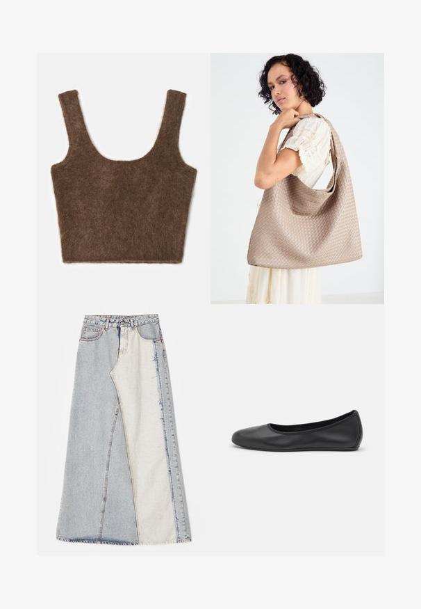 Barna, bolyhos, rövid ujjú top széles vállpántokkal és lekerekített dekoltázzsal. Puha tapintás és egyszerű dizájn, minta vagy díszítés nélkül.; Farmernadrág szoknya foltos mintázattal, világos és közép kék színű részekkel, rojtos szegéllyel és magas derékkal. Klasszikus öt zsebes stílus.; Fekete bőr balettcipő lekerekített orral, sima tekstúrával, minimális varrással és rugalmas talp kialakítással.; Szőtt bézs tote táska laza kialakítással és egyetlen vállpánttal. A felületén textúrált minta található.