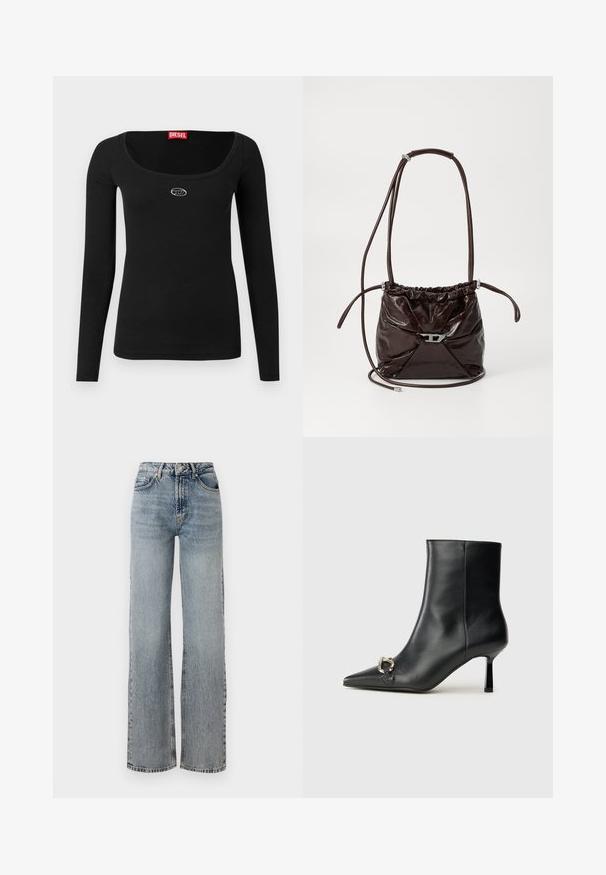 Μαύρο μακρυμάνικο τοπ από ριμπ ύφασμα, με φαρδιά λαιμόκοψη και μικρό ασημένιο λογότυπο στο στήθος. Ομαλή υφή.; Ανοιχτό μπλε τζιν παντελόνι με ψηλή μέση, φαρδιά γραμμή, ξεθωριασμένο φινίρισμα και διακριτές φθορές. Κλασικό στυλ με πέντε τσέπες.; Μαύρο δερμάτινο μποτάκι ζωής με κομψή μύτη, λεπτό μεσαίου ύψους τακούνι και ασημένια λεπτομέρεια με πόρπη στο πλάι, σε απλό φόντο.; Σκούρο καφέ γυαλιστερή δερμάτινη τσάντα ώμου με μαζεμένο πάνω και λεπτό ρυθμιζόμενο λουρί, που διαθέτει μια μικρή λεπτομέρεια από ασήμι στο μπροστινό μέρος.