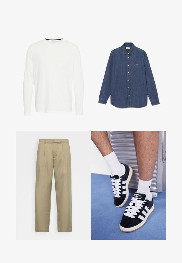 Majica s dolgimi rokavi iz belega bombaža, okroglim izrezom in črnim poudarkom na ovratniku. Gladka tekstura, ravno rob, brez vzorcev ali okrasnih elementov.; Džinsena srajca, temno modra, dolgih rokavov, s koničastim ovratnikom, z gumbi na sprednjem delu, z majhnim zelenim krokodilom kot logotipom. Rob je rahlo ukrivljen.; Bež hlače visoko pasu s ravnim krojem, z ravnim sprednjim delom, stranskimi žepi in gladkim, teksturiranim materialom.; Črne semiš teniske z belimi vezalkami in tremi belimi črtami. Imajo okroglo črno oznako na jezičku in gumijast podplat.