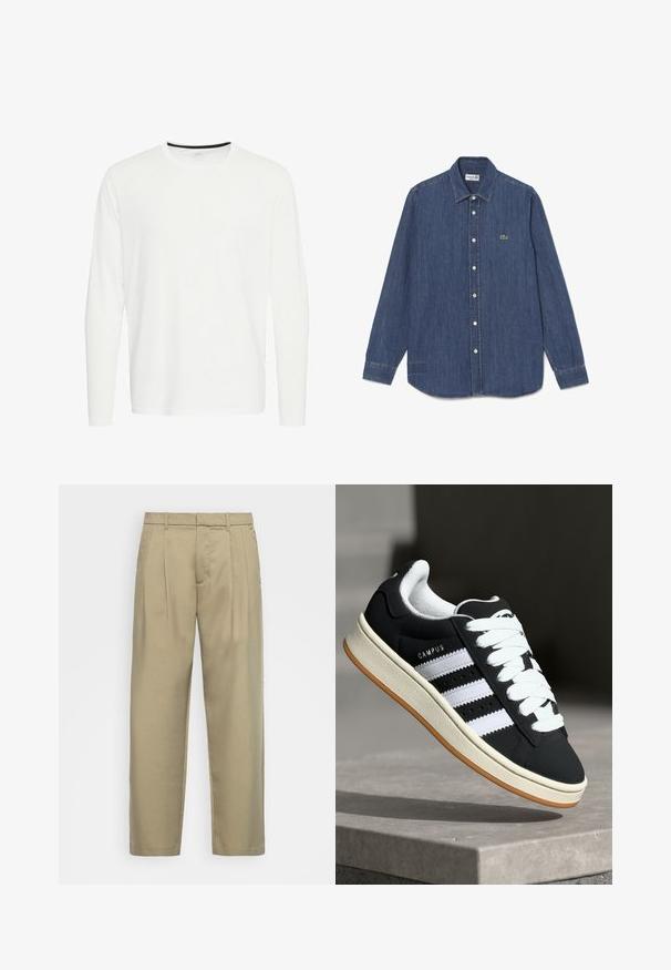 Balta medvilninė ilgomis rankovėmis marškinėliai, apvali iškirptė, juodas akcentas ant apykaklės. Lygus paviršius, tiesus siūlas, be raštų ar puošmenų.; Džinsinė marškinė, tamsiai mėlyna, ilgomis rankovėmis, su smailiu apykakle, priekyje su mygtukais, su mažo žalio krokodilo logotipu. Apačia šiek tiek suapvalinta.; Šviesiai rudos, aukšto liemens kelnes su tiesia kirpimu, su plokščiu priekiniu paviršiumi, šoninėmis kišenėmis ir lygiu, tekstūruotu audiniu.; Juodas sportbačis su baltais dryžiais, suvarstomas, tekstūruotas viršus ir guminis padas. Šone yra „CAMPUS“ logotipas ir gumos pado išorė.