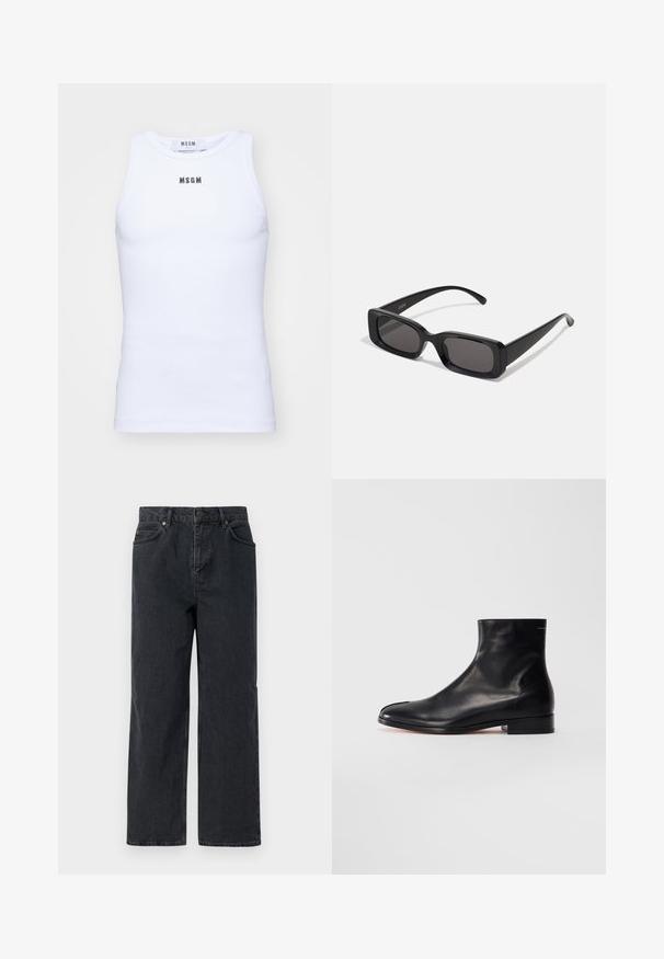 MSGM Tops - optical white; Tumši zilas džinsus bikses ar platu kāju, piecu kabatu dizainu un pogu aizdari. Ietver vara toņa aparatūru un smalku tekstūru.; Melnas gludas ādas potītes zābaki ar zemu papēdi un apaļu pirkstu, redzami no sāniem uz balta fona.; Melnas taisnstūrveida saulesbrilles ar tumšiem stikliem, spīdīga apdare, platas kājas un masīvs rāmja dizains. Uz vienas kājas ir iegravēts zīmola nosaukums.