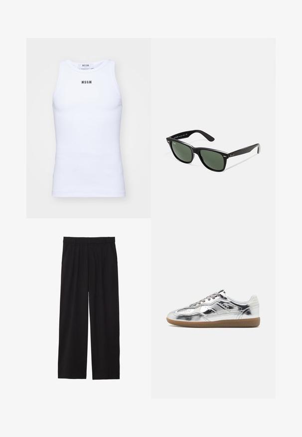 MSGM Top - optical white; Schwarze, weite Hose mit gefälteltem Vorderteil, seitlichen Taschen und einer glatten Stoffstruktur. Entworfen für eine entspannte Passform.; Silberne metallsneaker mit glatter Textur, grauen Schnürsenkeln und einer Gummisohle, die Perforationen an der Zehe und seitliche Designelemente aufweist.; Schwarze Plastiksonnenbrille mit grünen Gläsern, quadratischen Rahmen, silbernem Akzent auf der Augenbraue und strukturierten Bügeln. Angegebene Marke auf dem inneren Bügel.