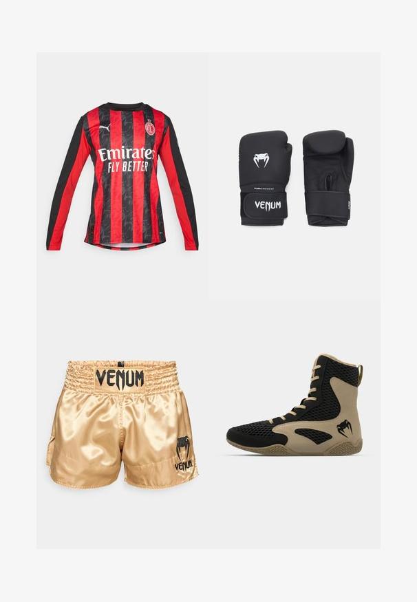 Červený a černý fotbalový dres s dlouhým rukávem, s texturovaným pruhovaným designem, nabízející kulatý výstřih a přední logo "Emirates Fly Better."; Zlaté saténové boxerské šortky s černým logem "VENUM" na pásku a po stranách, s hladkým povrchem a elasticitou pasu pro pohodlí.; Vysoké sportovní boty s černou síťovinou a béžovými akcenty. Texturovaná gumová podrážka a detail loga na boku.; Černé boxerské rukavice s hladkým povrchem, zdobené bílým logem Venom a nastavitelným suchým zipem pro bezpečné upevnění.